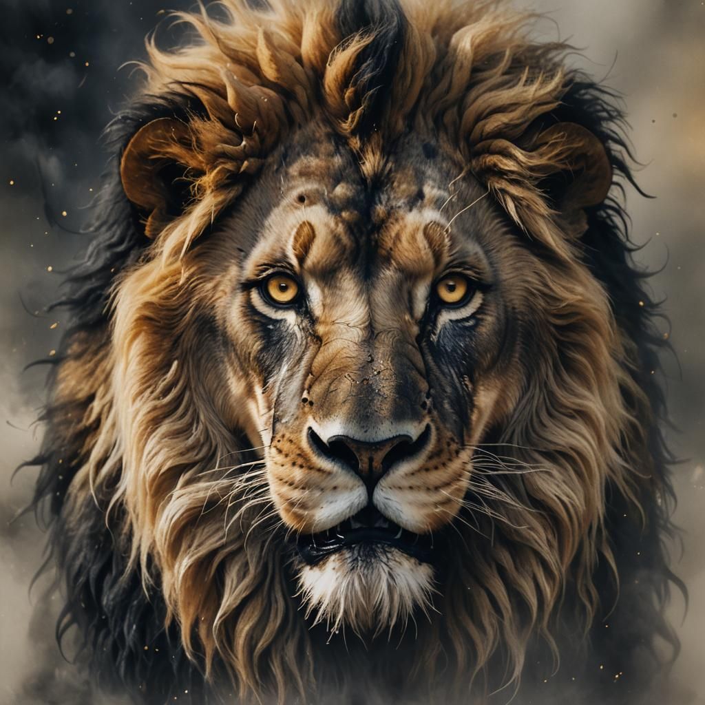 Ethereal Black Mist Lion Portrait with Gold Highlights