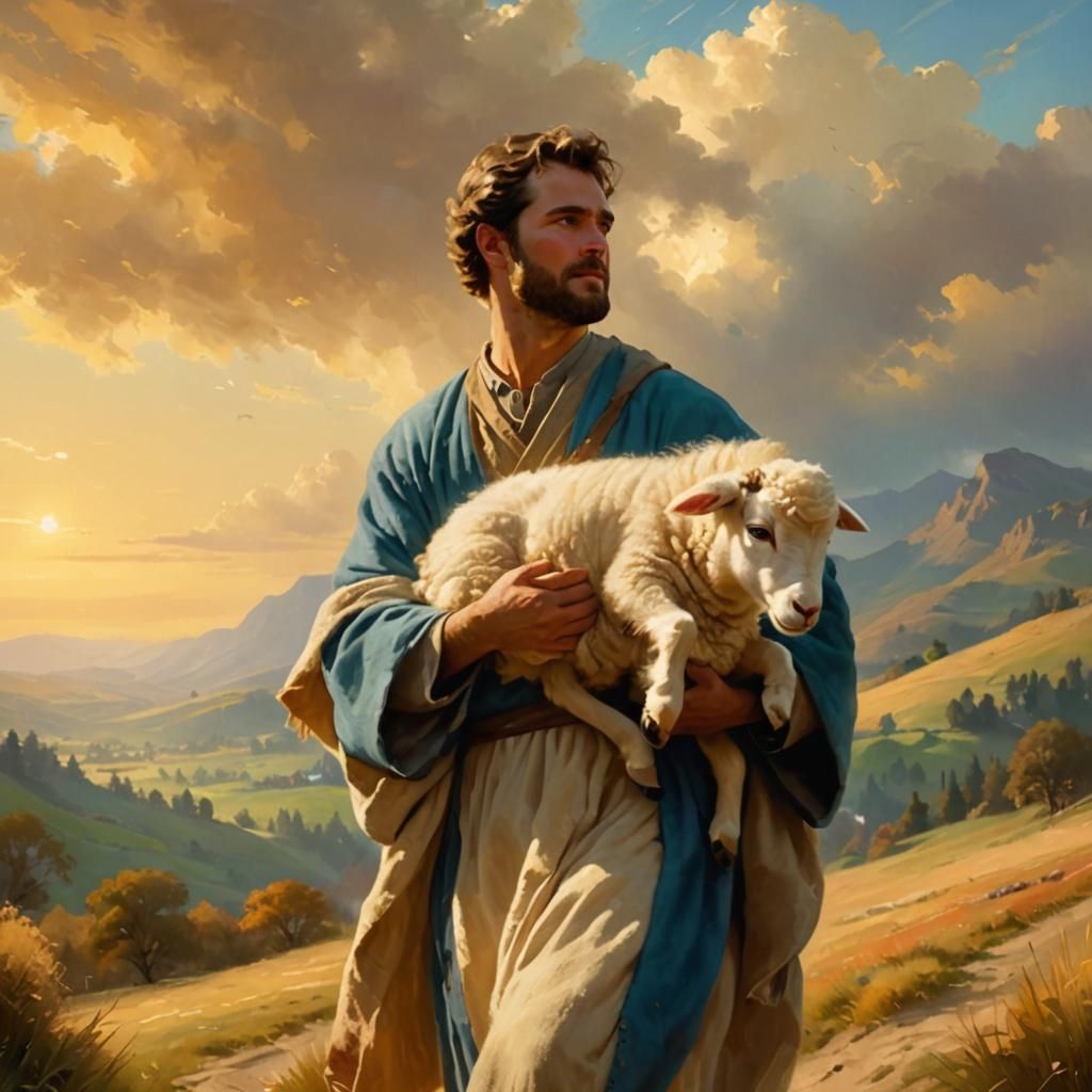 Shepherd Carrying Lamb in Serene Oil Painting