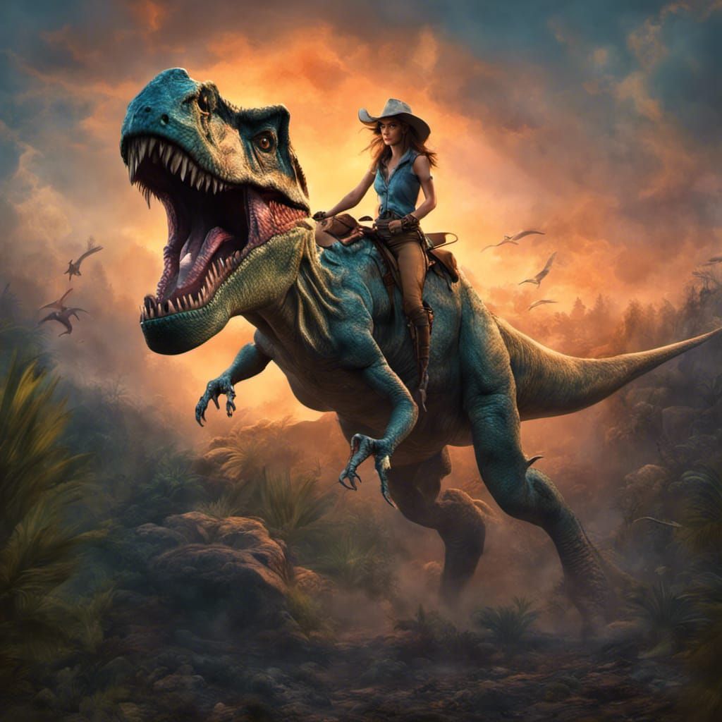 A cowgirl riding a tyrannosaurus