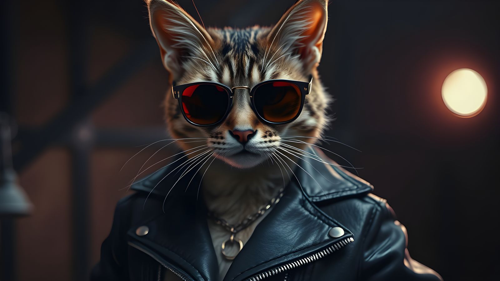 Cool Cat in Leather Jacket, Hyperrealistic Image