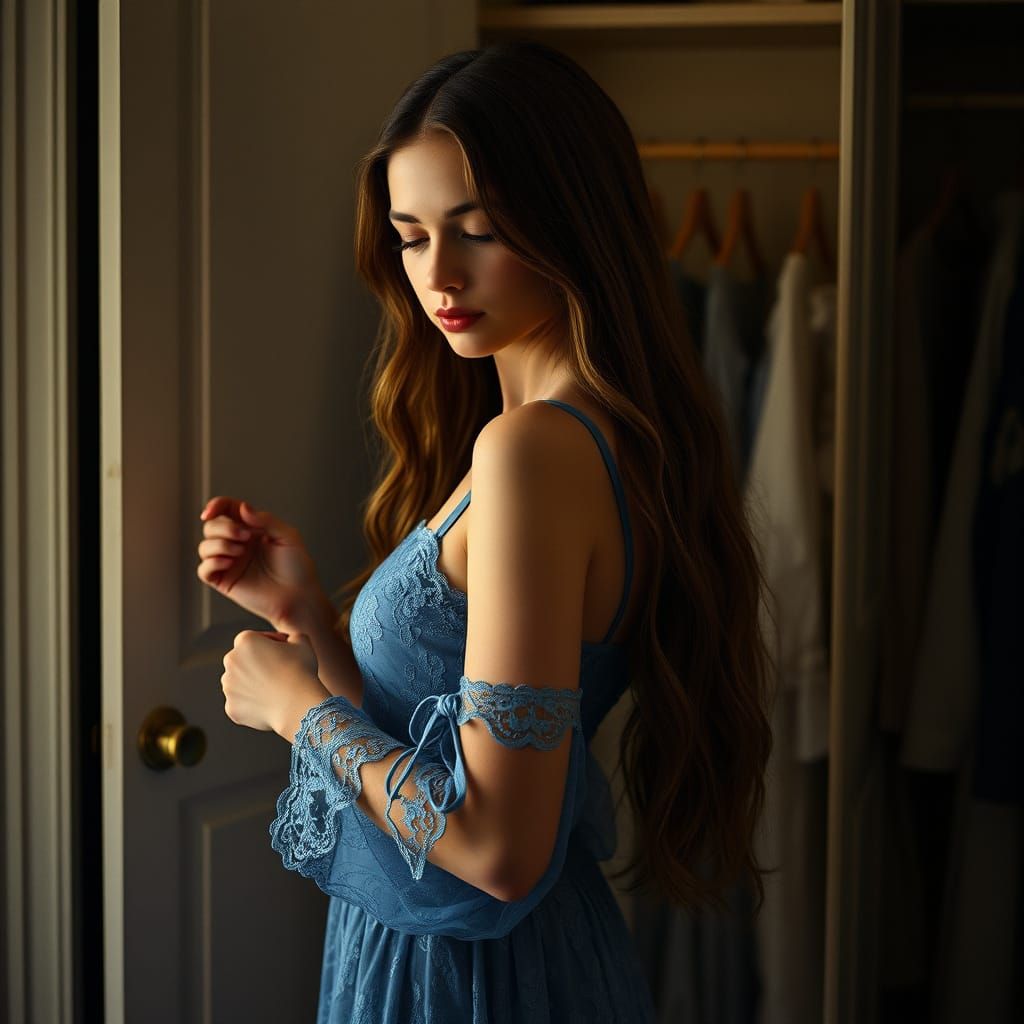Elegant Girl Chooses Outfit in Blue Lace Ensemble