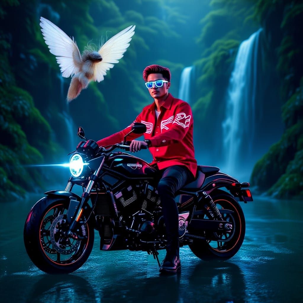 Cool Young Man on Motorcycle Under Neon Lights