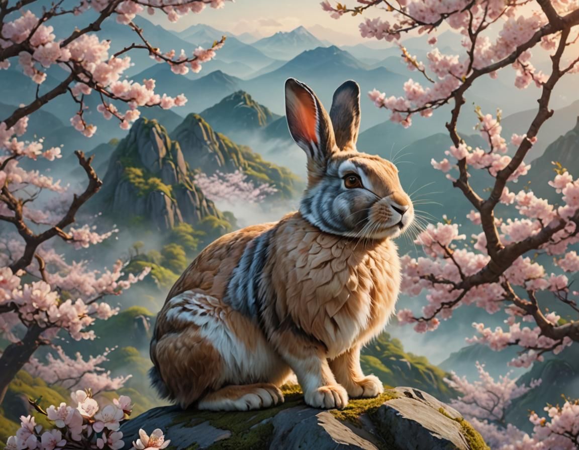 Stylized Rabbit in Asian-Inspired Art Nouveau Style