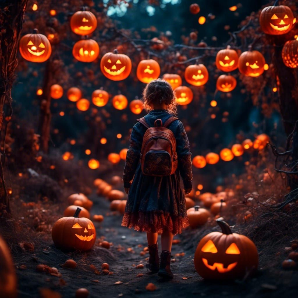 Halloween Night: Children Trick-or-Treating in Pumpkin Patch