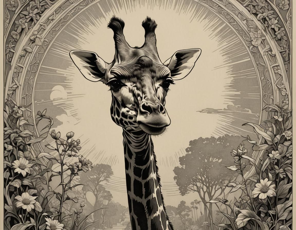 Jugendstil Engraving: Giraffe Worshipping the Sun