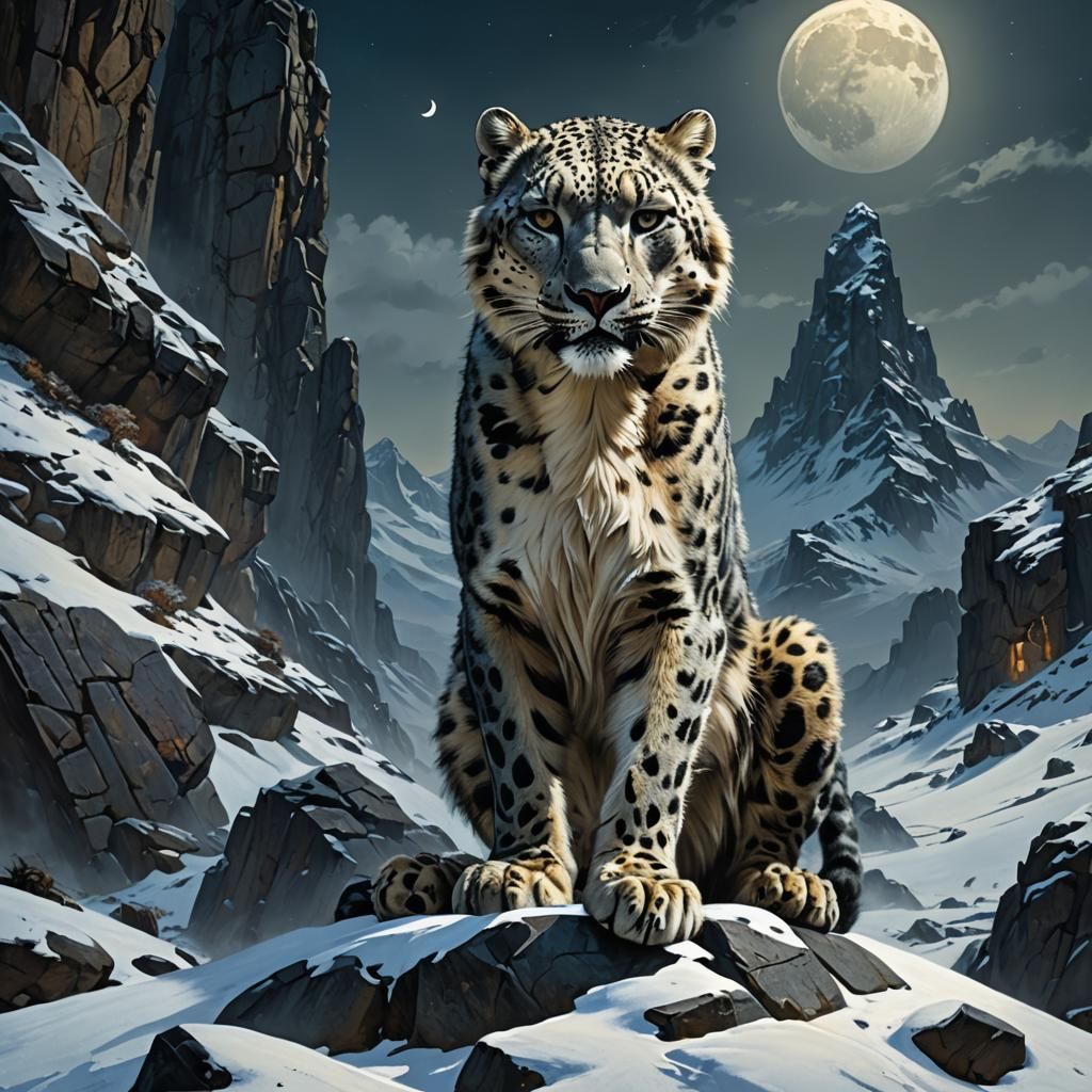 Snow Leopard in Dark Fantasy Mountain Temple