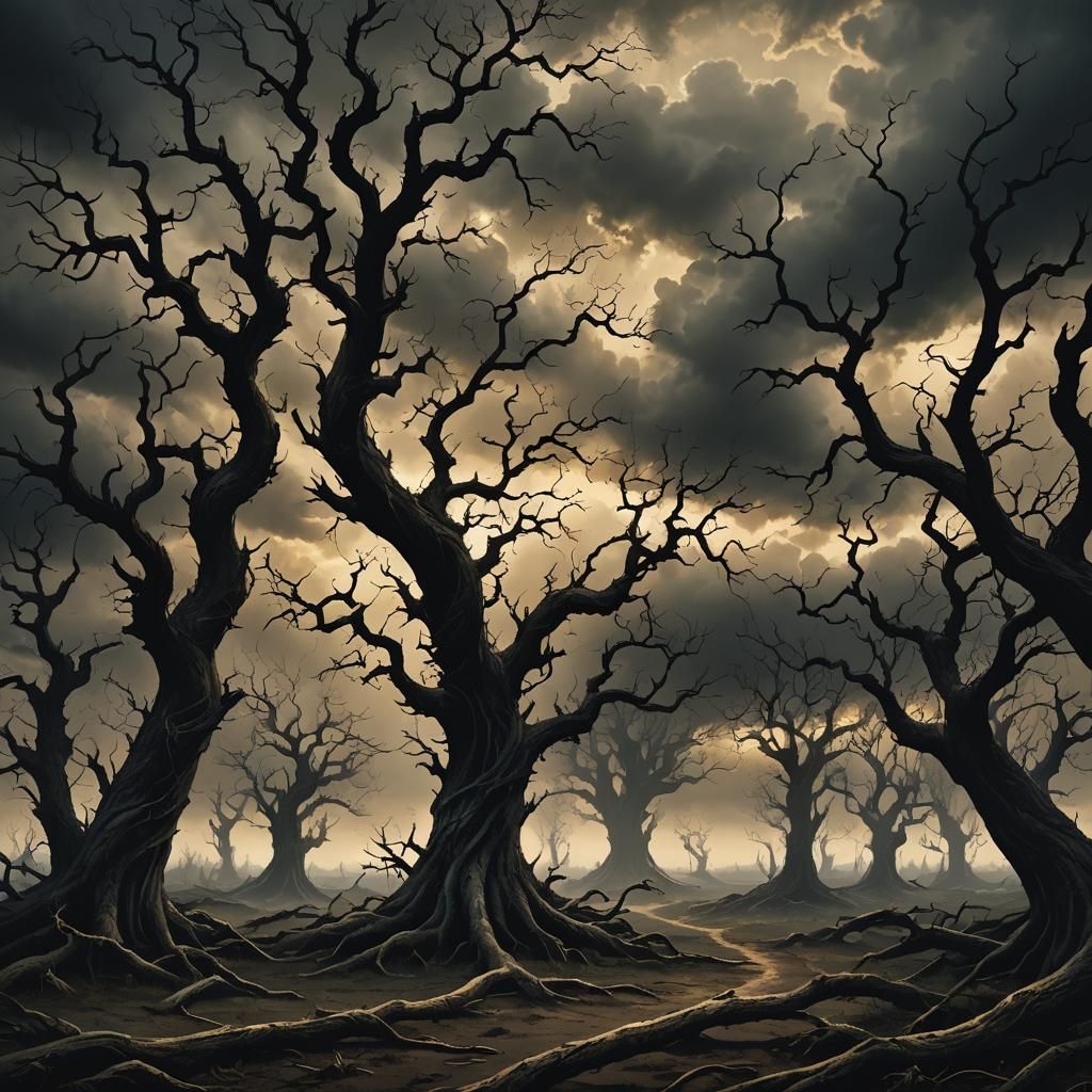 Dark Summer Landscape with Twisted Trees in Shadows