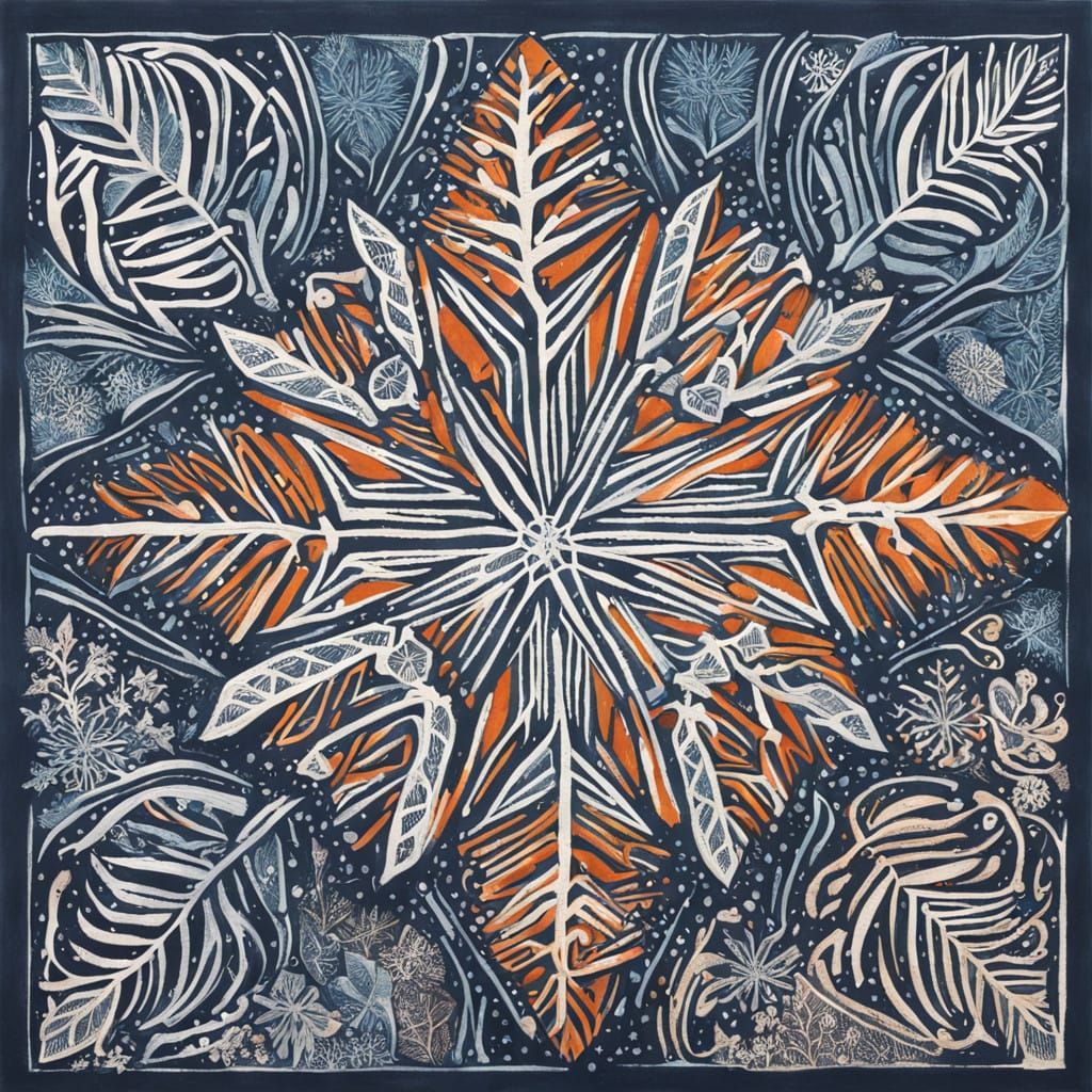 Delicate Triadic Snowflake in Handcoloured Linoprint