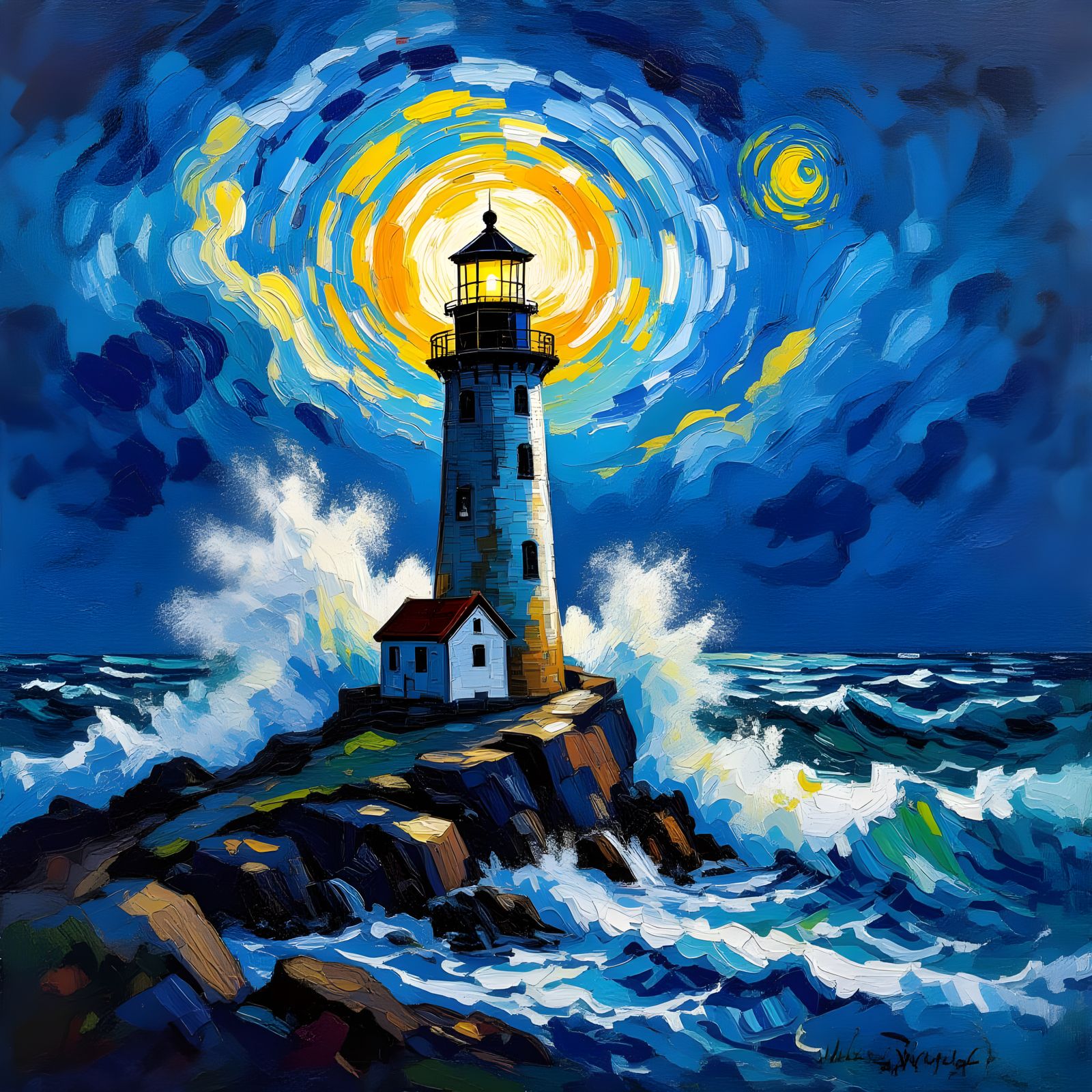 Impressionist Lighthouse Painting in Stormy Seas