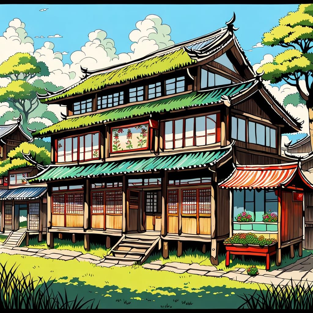 Whimsical Oriental Townscapes in Folk Painting Style