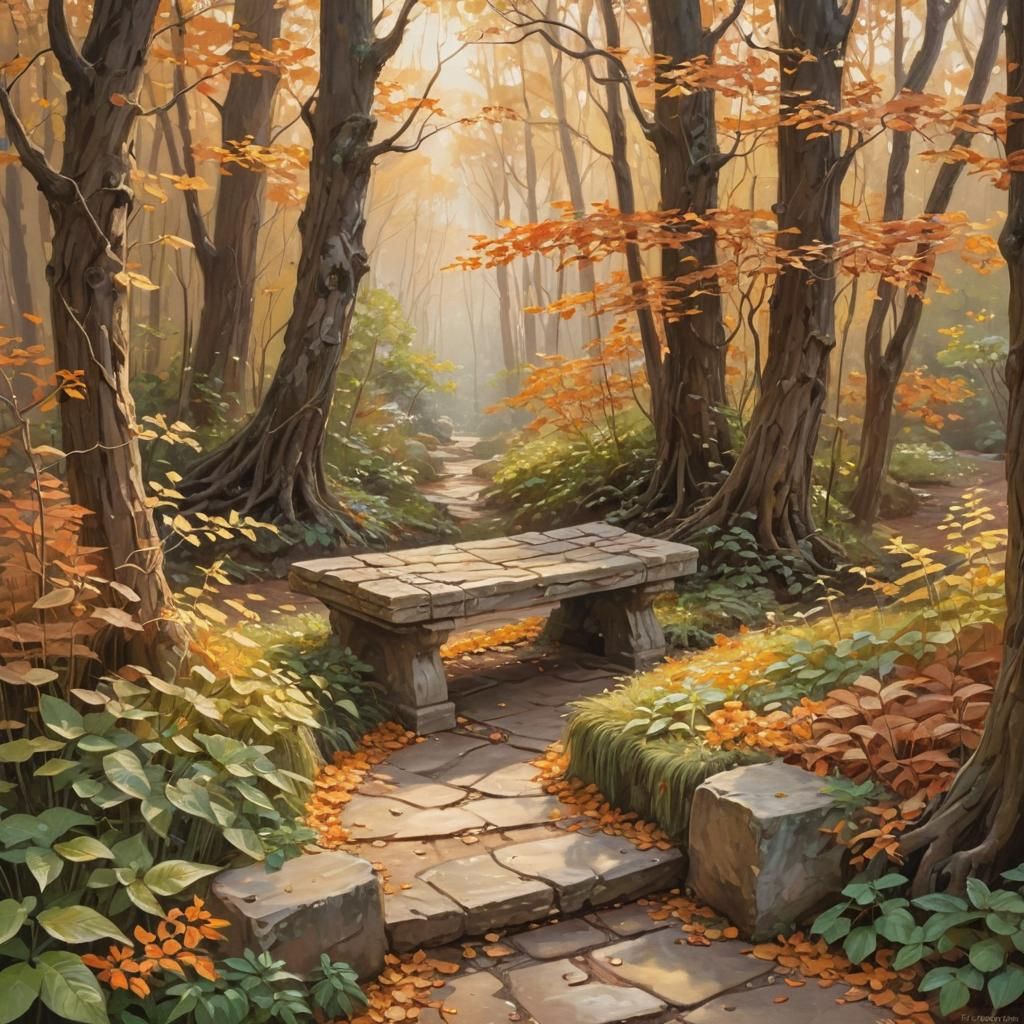 Whimsical Forest Scene with Stone Bench