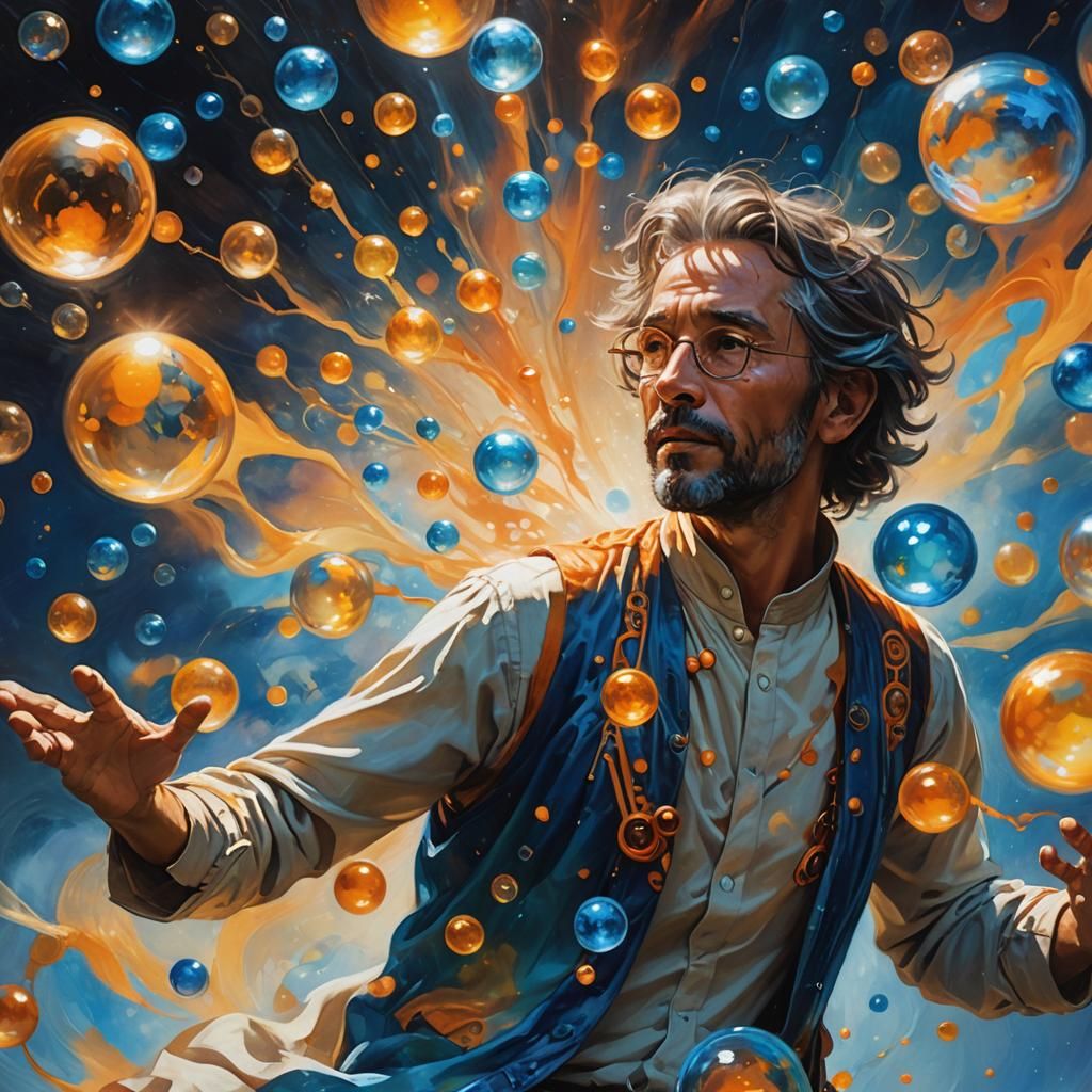 Floating Figure Surrounded by Glowing Orbs