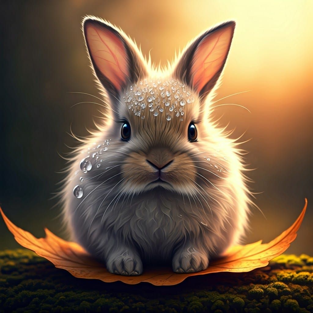 Fluffy Bunny with Dewdrops on Autumn Leaves