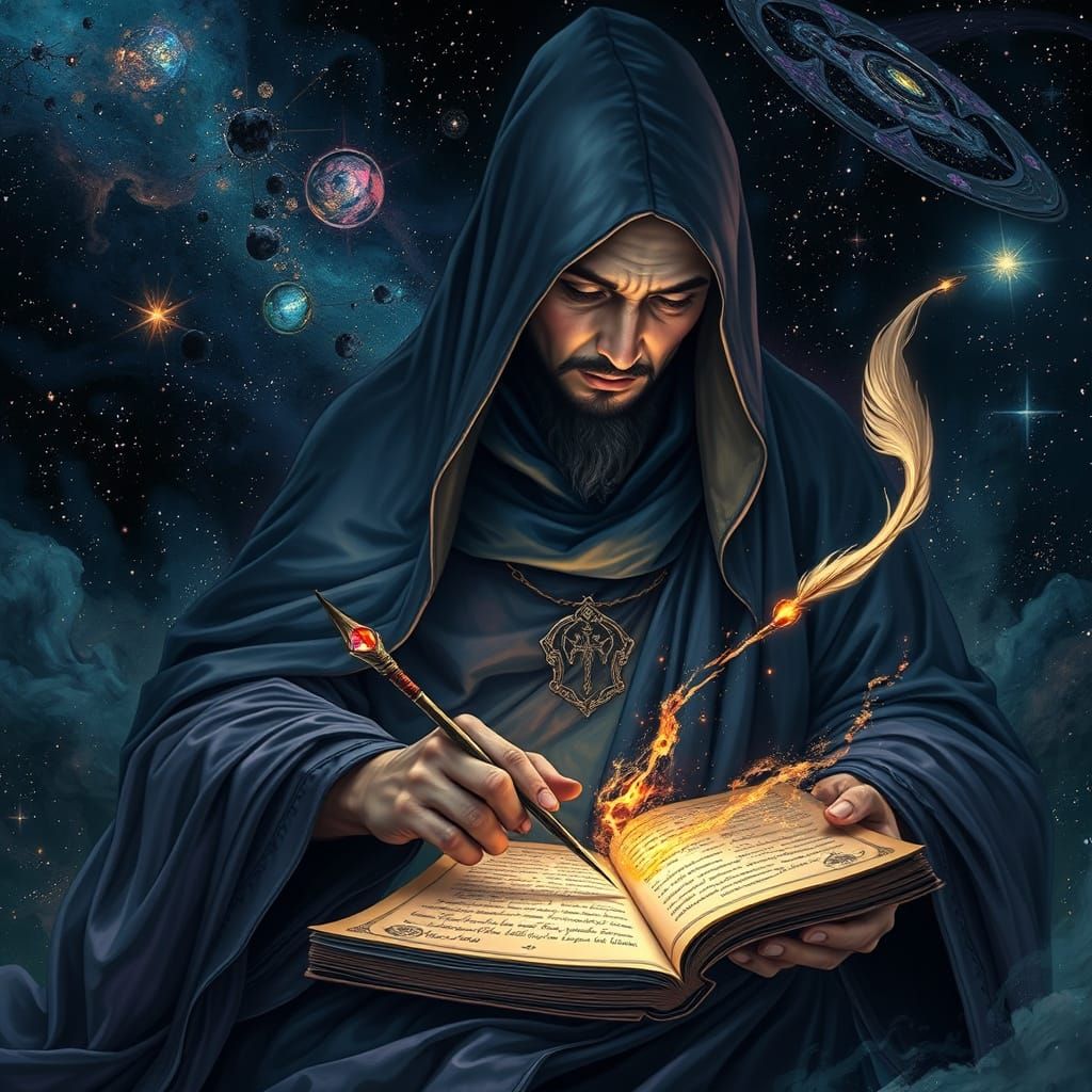 Spectral Calligrapher Writing Stardust Poem on Nebulae Canva...