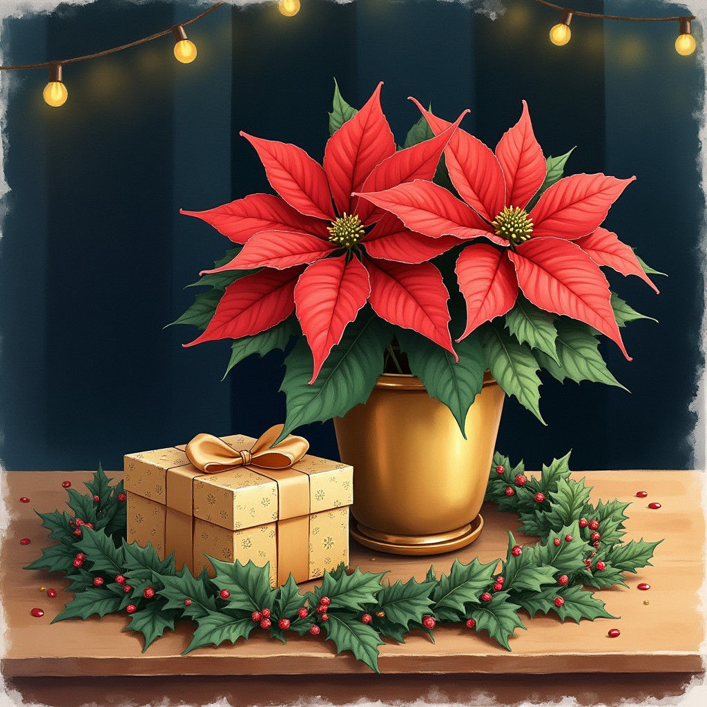 Poinsettia in Watercolor with Christmas Decorations