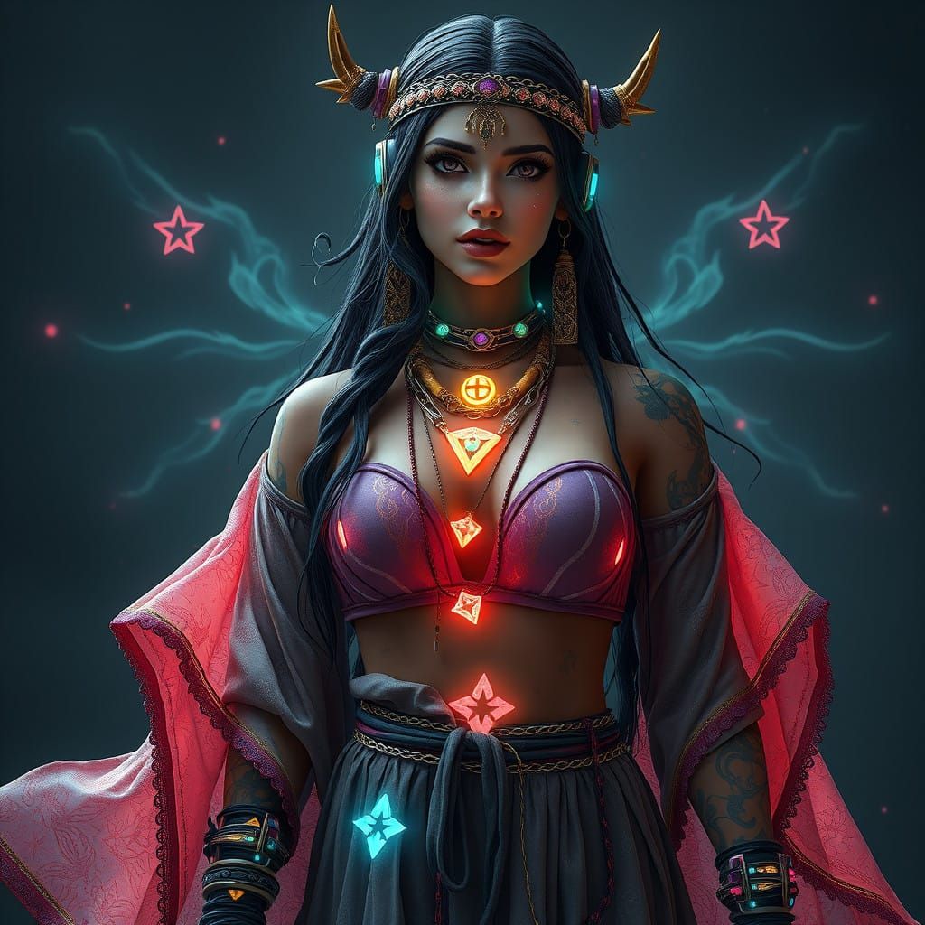 Boho Futuristic Metaverse Outfit in Vibrant Digital Fabrics