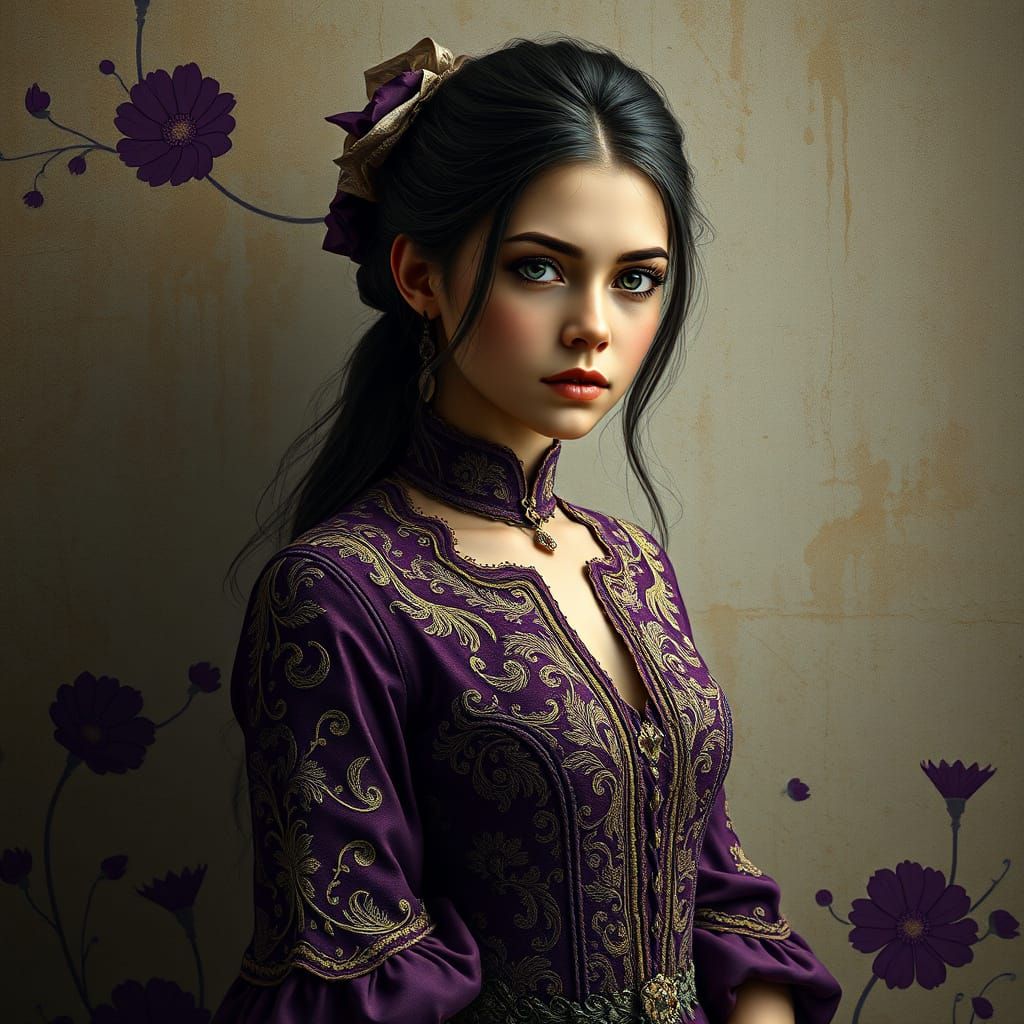 A young woman with a contemplative expression stands against...