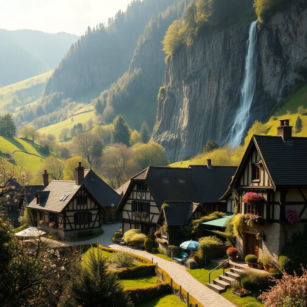 Quaint Village in a Green Valley with Majestic Waterfall