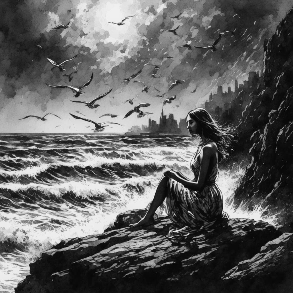 High Contrast Ink Drawing of Woman by the Sea