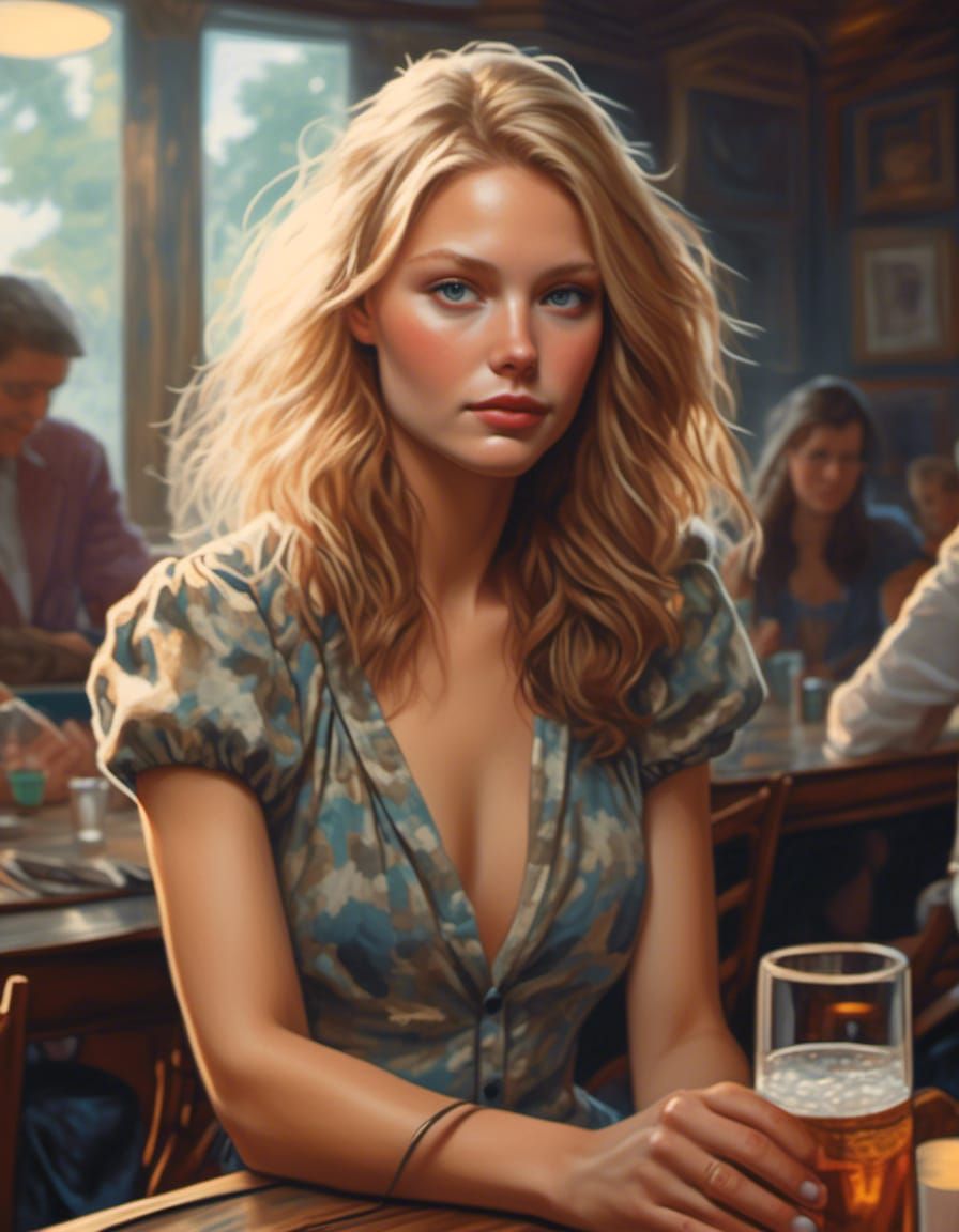 Blonde Cowgirls Toasting in a Bar, Cinematic Comic Art