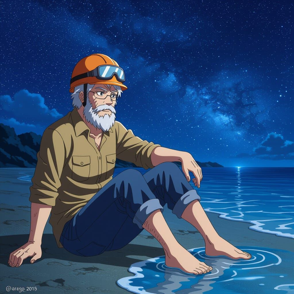 Anime Style Image of a Geologist at Night