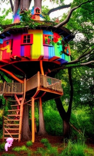 Enchanting Treehouse with Unicorn in a Colorful Photo