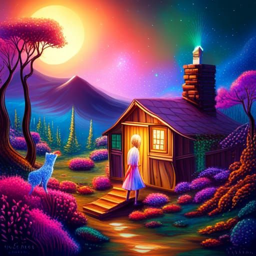 Girl and Dog in Cosmic Woodland Scene