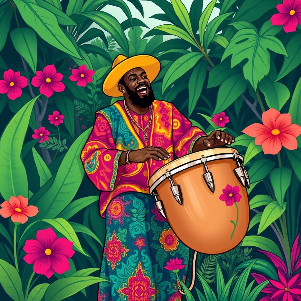 Enthusiastic Bongo Player in Vibrant Digital Art
