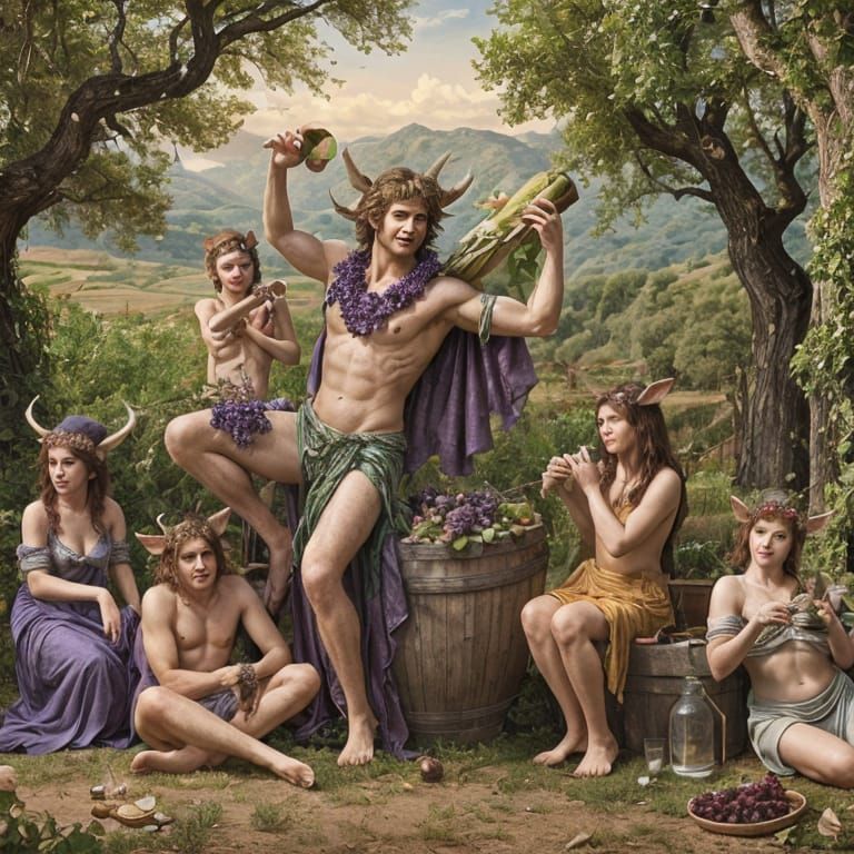 Grape Harvest in Ancient Style with Satyrs and Demigods in N...