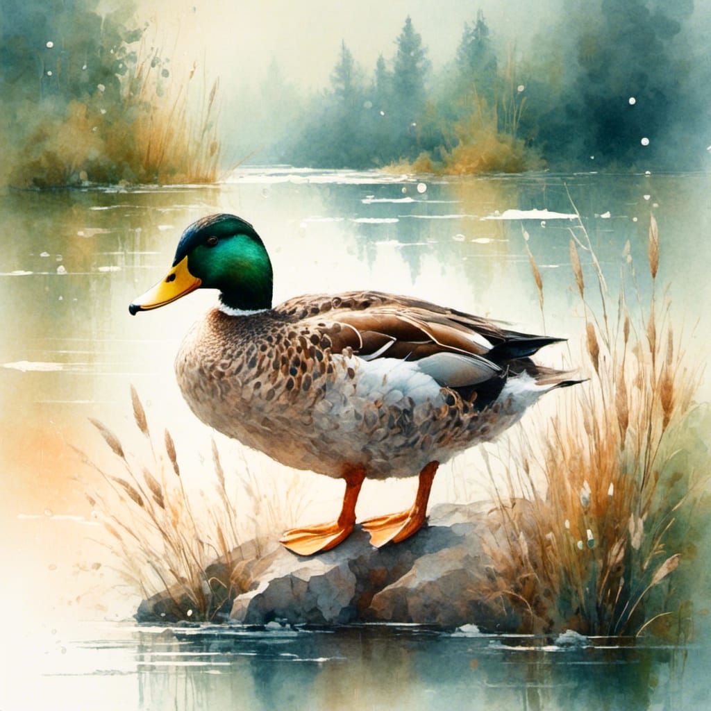 Watercolor Duck Portrait in Whimsical Folk Style
