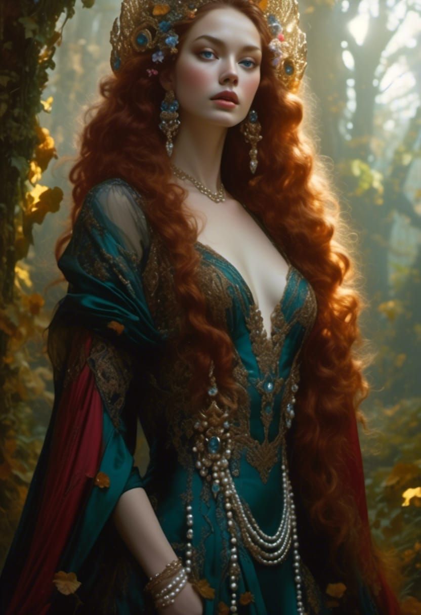 Mountain Goddess in Fairytale Gown, Hyperrealistic Portrait