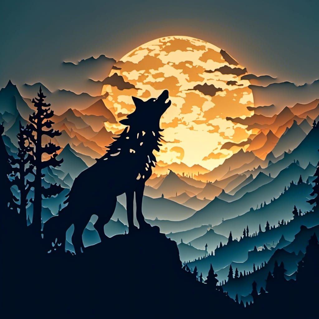 Kirigami Wolf Howling at Moonlit Sky