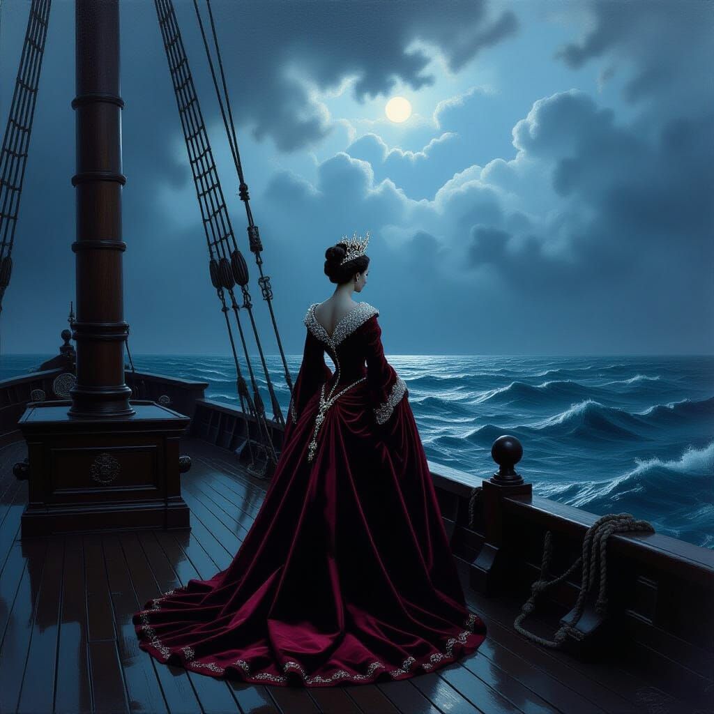 Solitary Queen on Stormy Seas in Old Master Style
