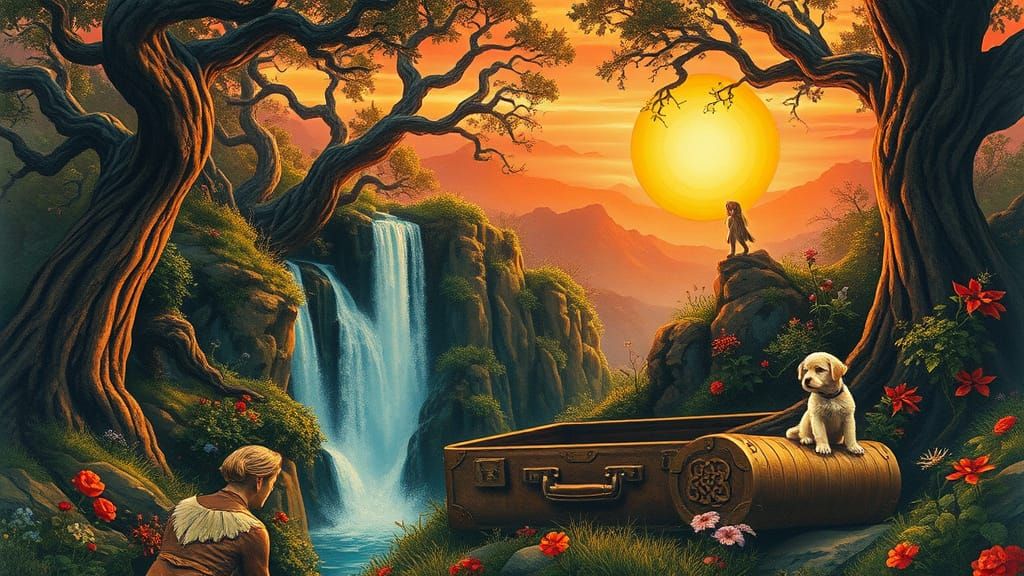 Dreamlike Celtic Knotwork Suitcase Scene in the Style of Pin...