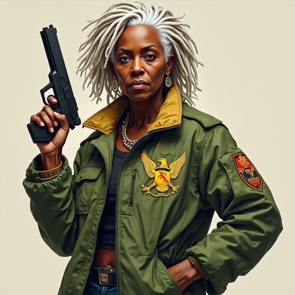 Strong Black Woman with Gun, in Kehinde Wiley Style