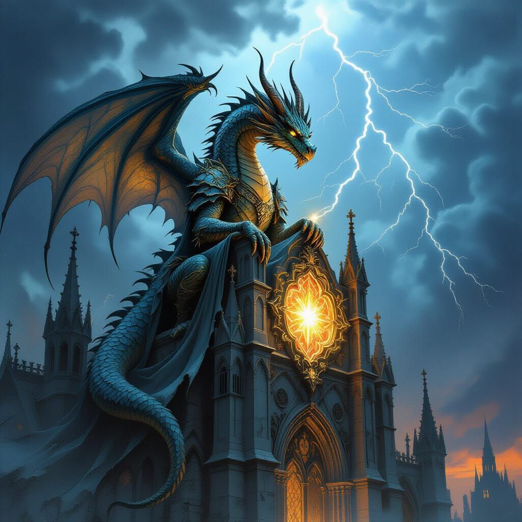 Dragon Guarding Artifact on Gothic Cathedral in Dark Fantasy...