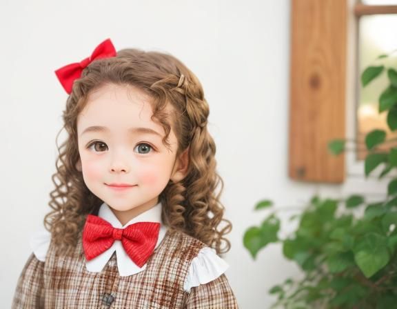 Little Girl with Brown Curly Hair and Red Bow