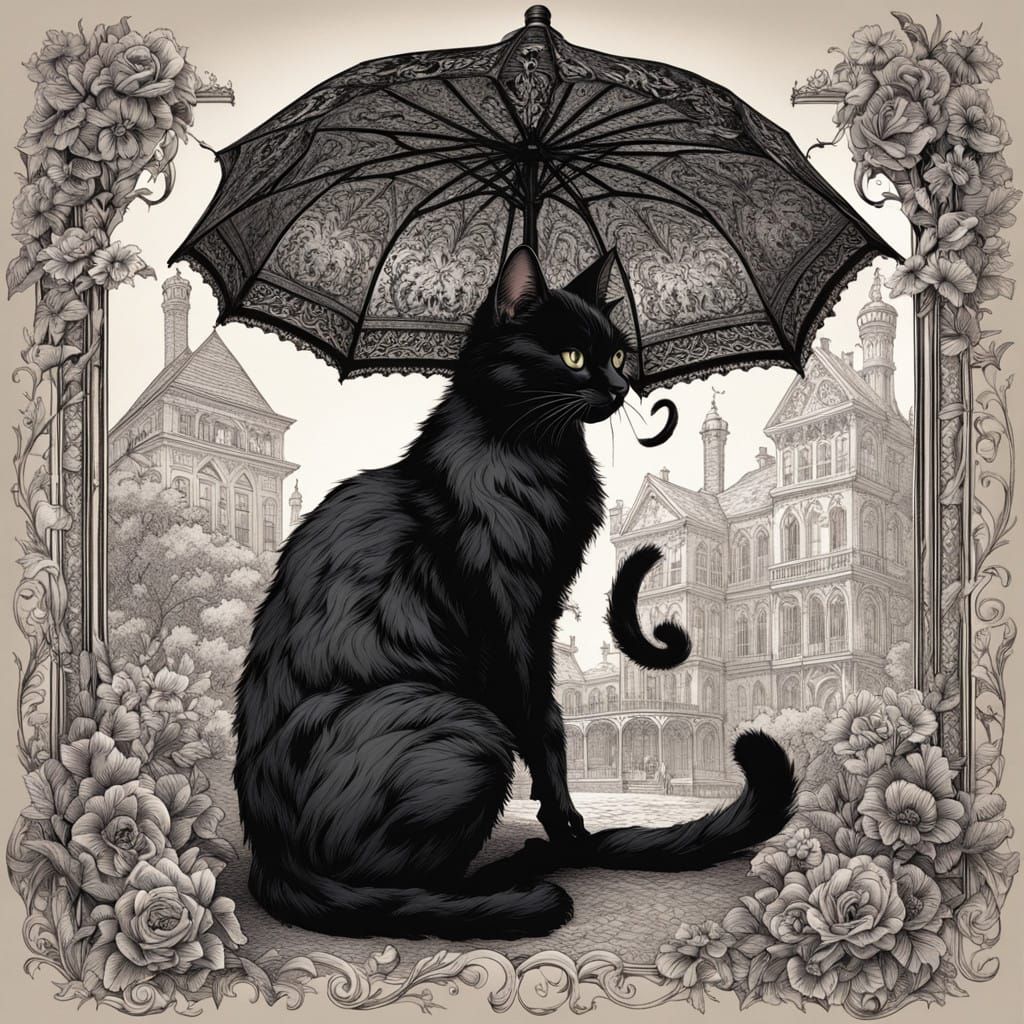 Regal Black Cat Stands Proud in Victorian Gothic Setting