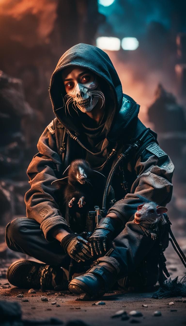 Cyberpunk Girl with Rat: Visceral Post-Apocalyptic Action