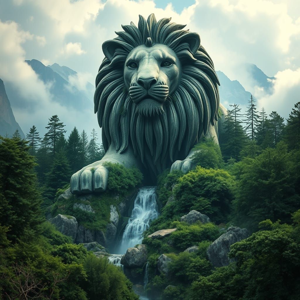 Gigantic Stone Lion Waterfall in Magical Landscape