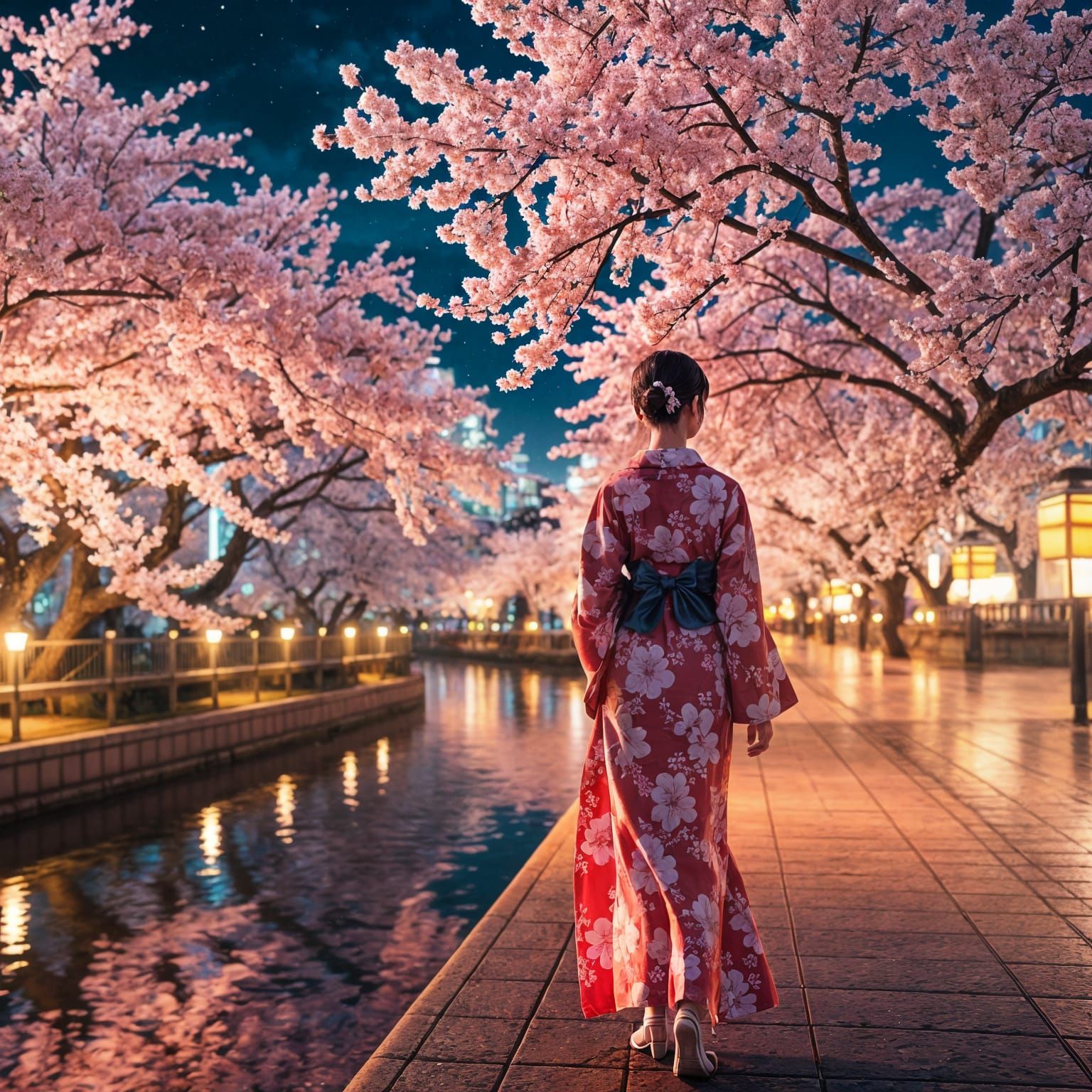 Cherry Blossoms at Night on Meguro River, Anime Art