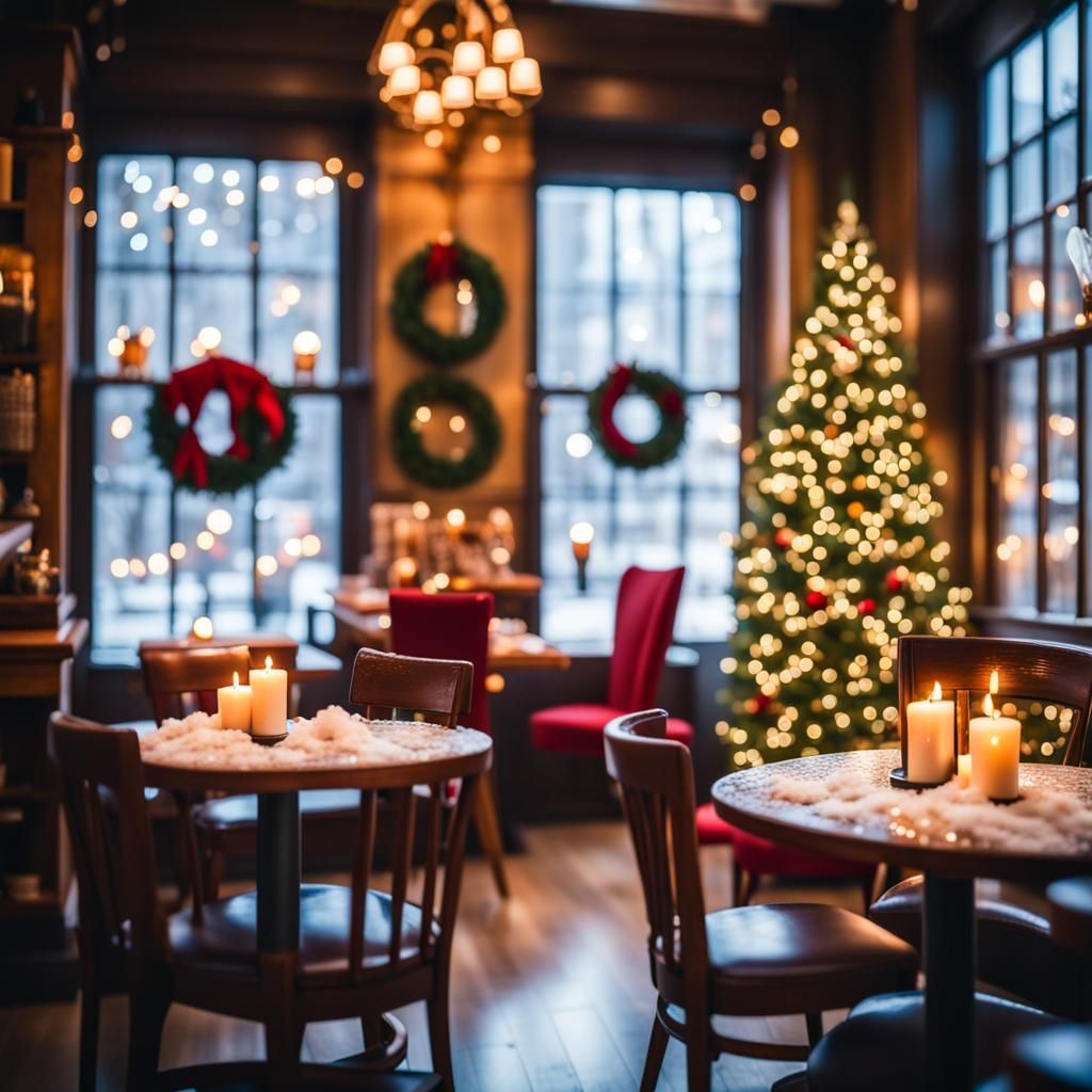cozy cafe in new york, interior decorated with Christmas decorations, soft armchairs, candles, christmas trees, lights, ...