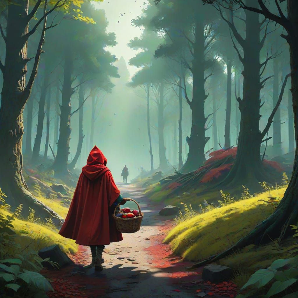 Whimsical Little Red Riding Hood Approaches Lurking Big Bad...
