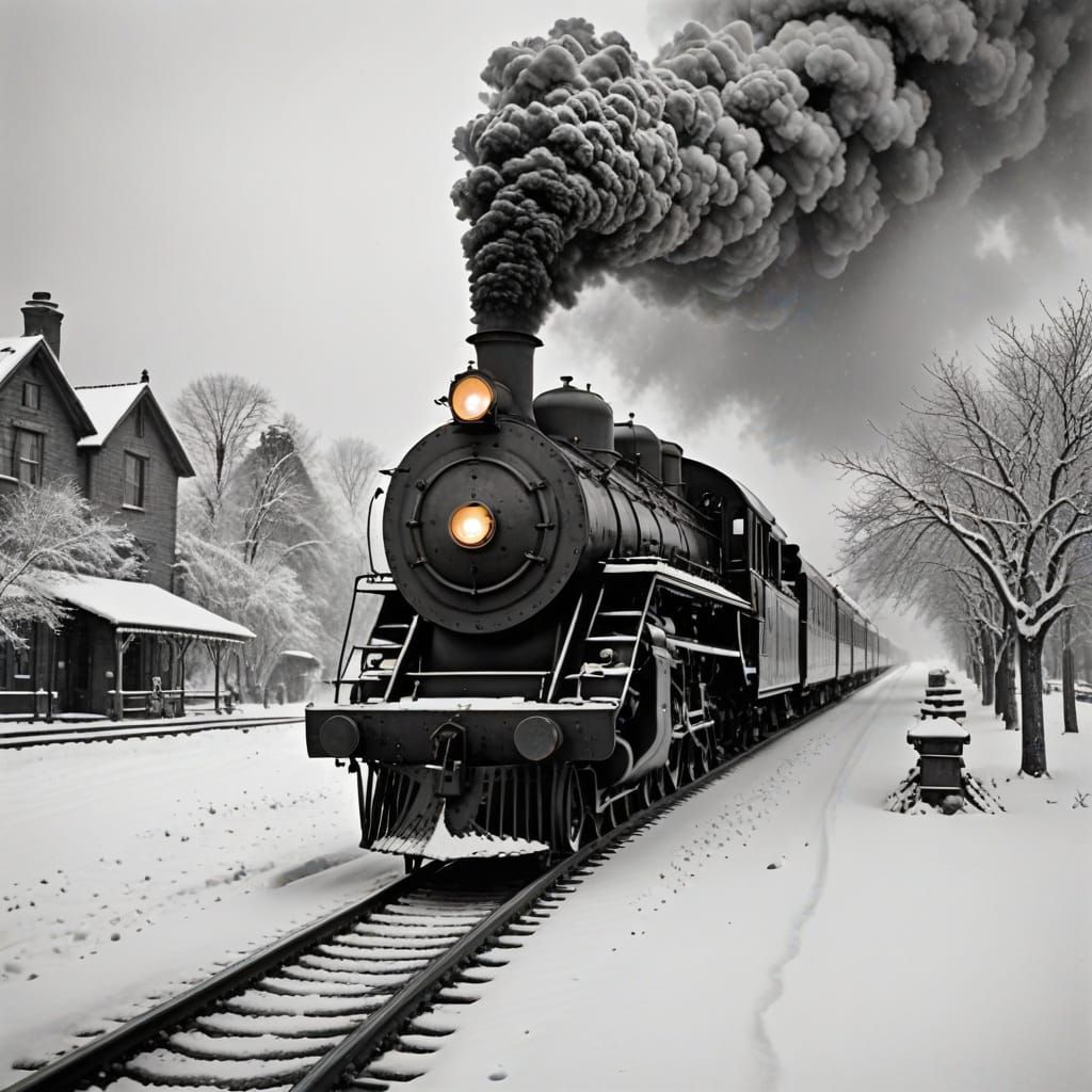 Vintage Steam Train at Snowy Station in 1887
