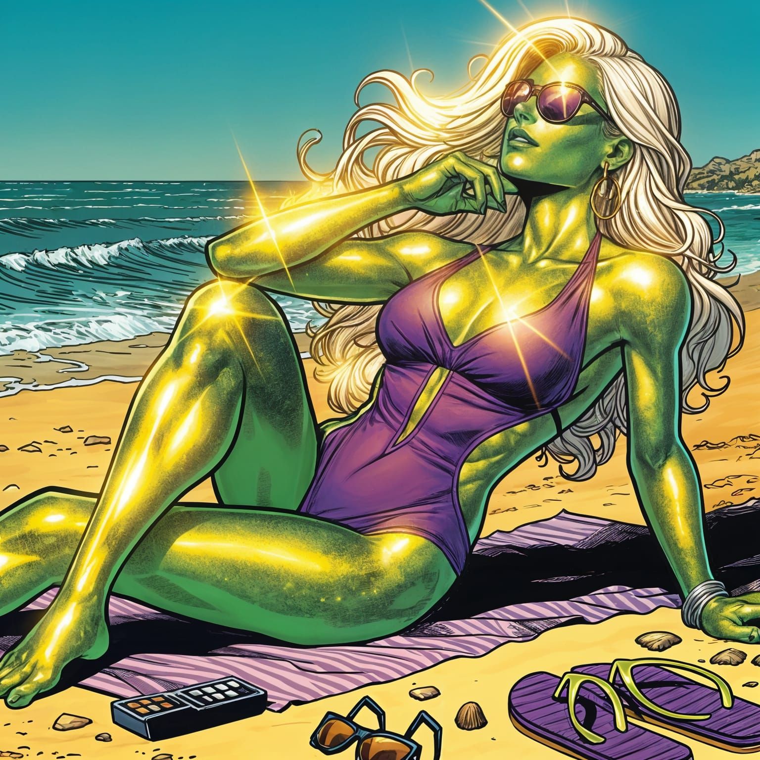 Golden Gamma-Ray Goddess Sunbathing on Beach