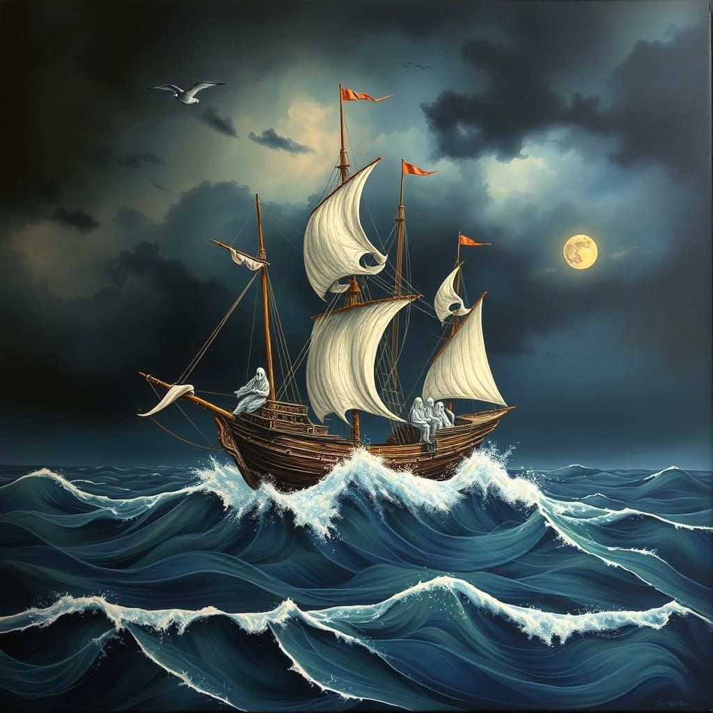 Ghost Ship Sailing a Stormy Sea