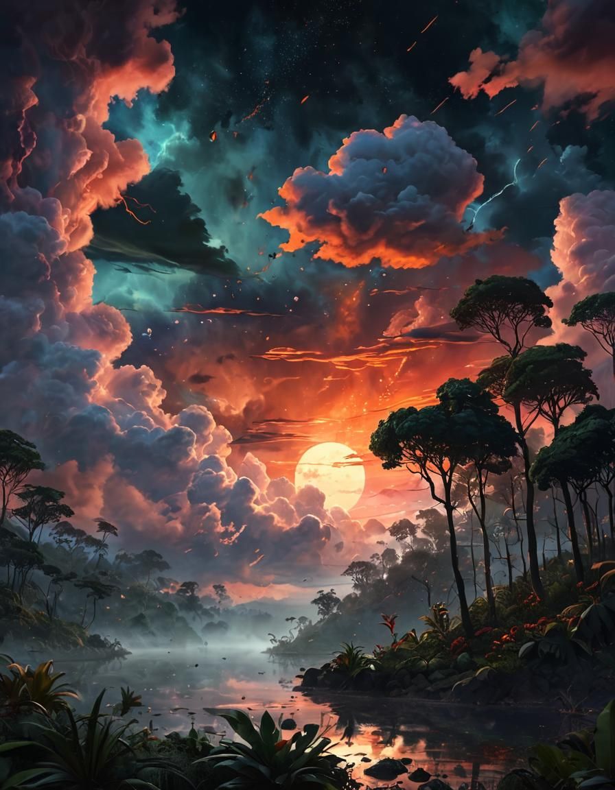 Epic Rainforest Landscape with Blood Moon