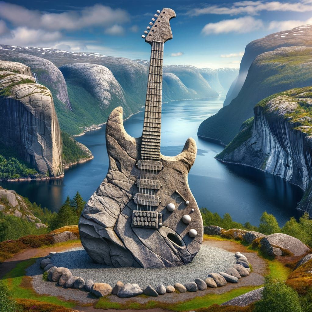 Stone Guitar Rock Giant in Majestic Fjord Landscape