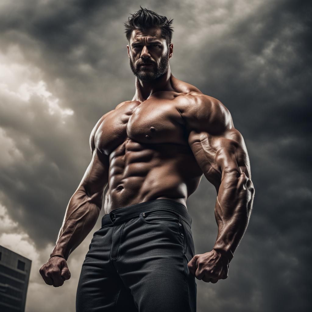 Towering Muscular Man Exuding Strength and Dominance