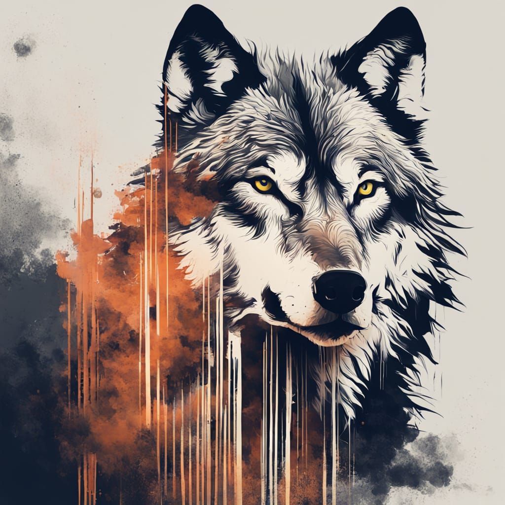 Double Exposure Wolf in Digital Brushstrokes
